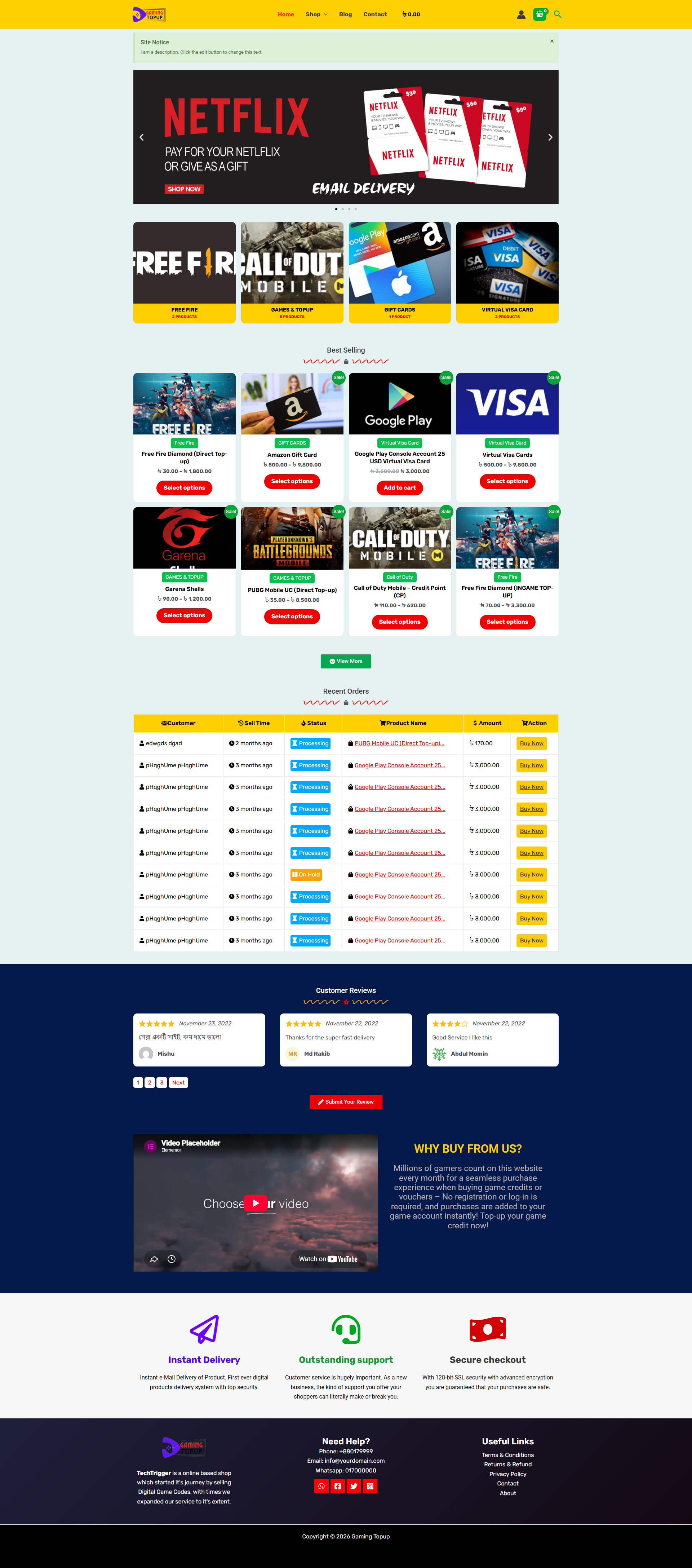 (Gaming-4) FreeFire, PUBG, Games TopUp, Voucher, Gift Card Selling Website Code