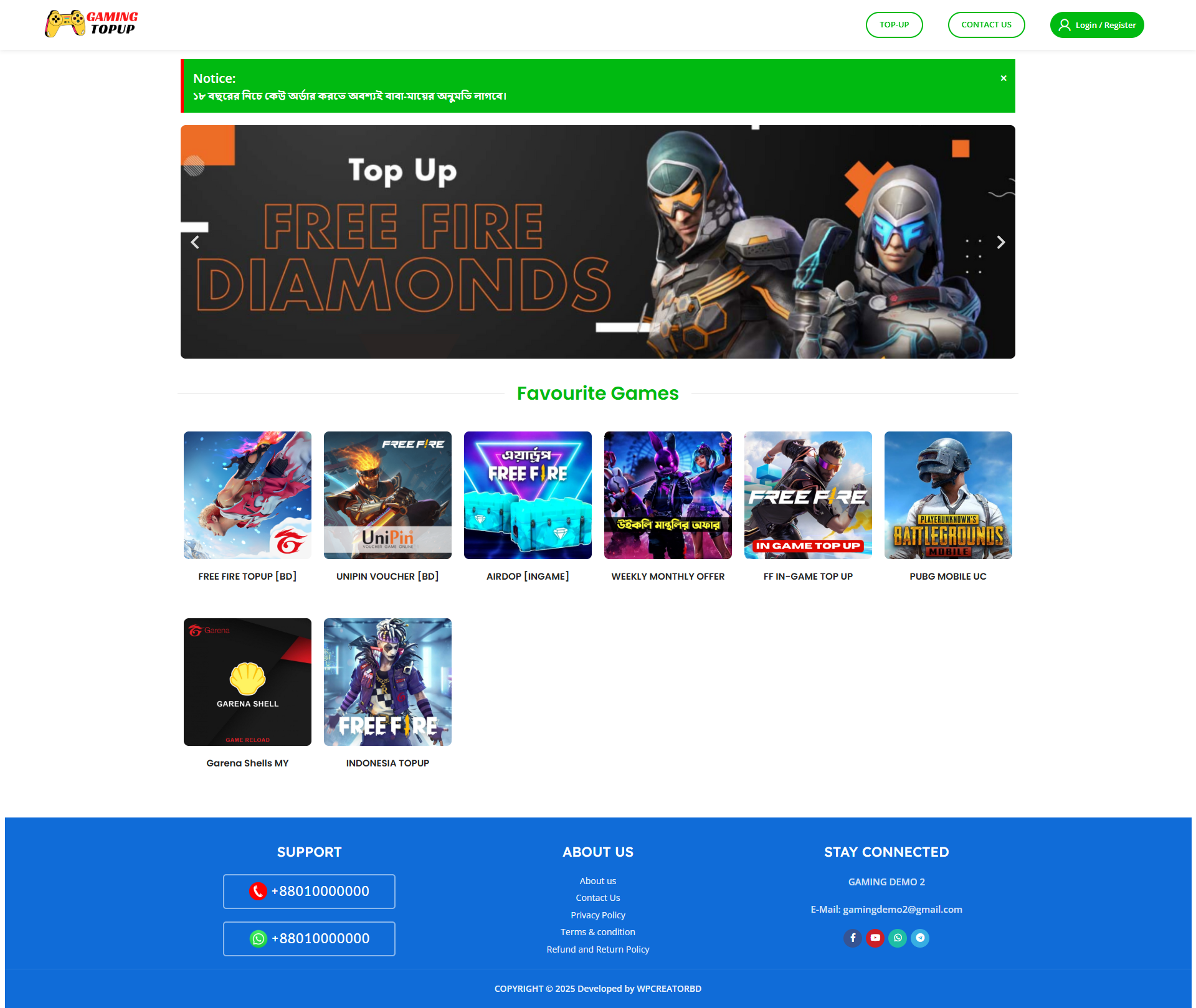 (Gaming-2) FreeFire, PUBG, Games TopUp, Voucher, Gift Card Selling Website Code