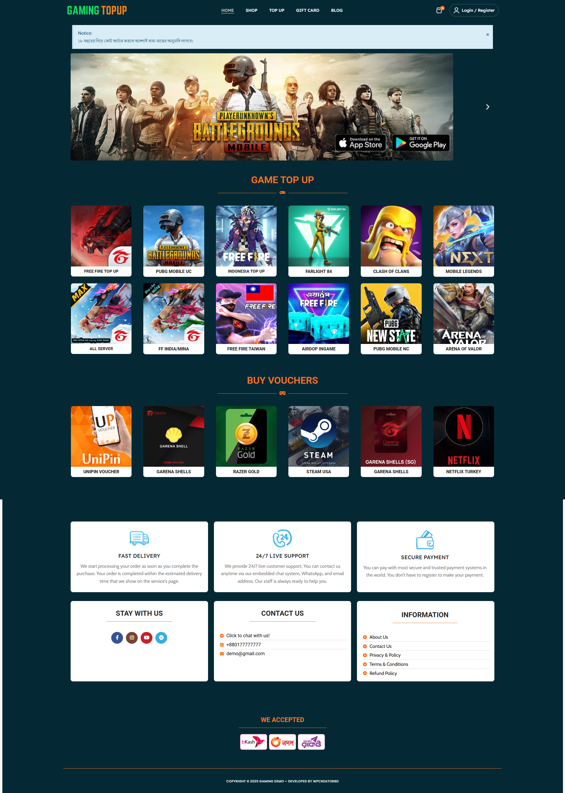 (Gaming-3) FreeFire, PUBG, Games TopUp, Voucher, Gift Card Selling Website Code